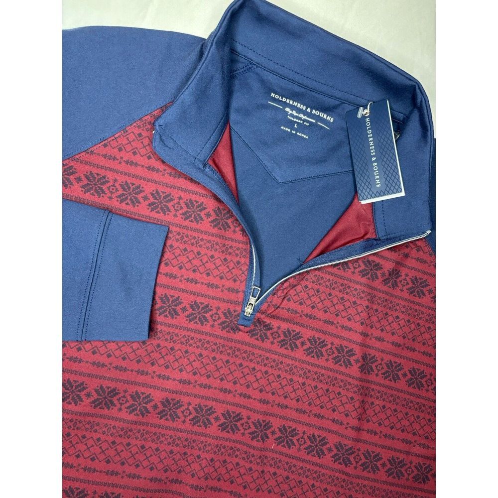 Holderness & Bourne Dry Luxe Performance Golf 1/4 Zip Pullover Large Blue &‎ Red